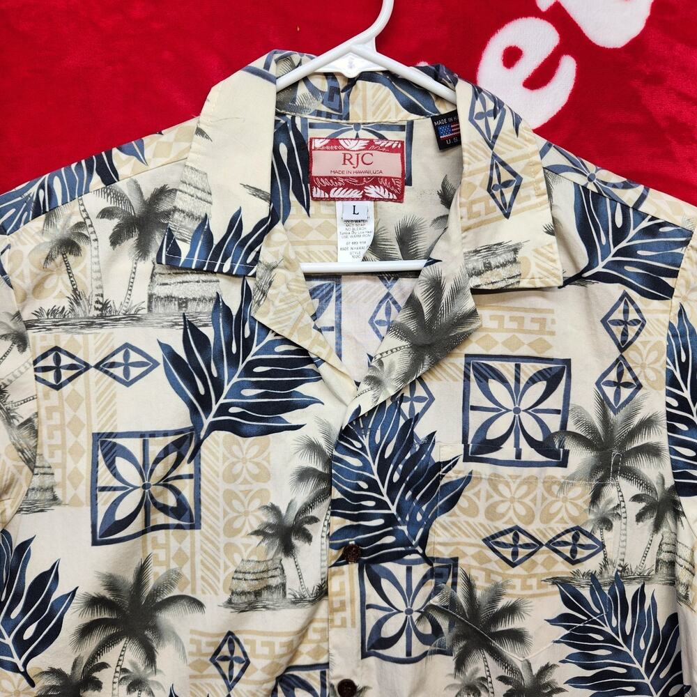 RJC Hawaiian Aloha Shirt Mens Large Made In Hawaii USA Tropical Palm Tree...